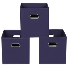 Navy Blue Fabric Storage Bins, Set of 3, 11x11x11, Foldable Cube Bins for Clo...