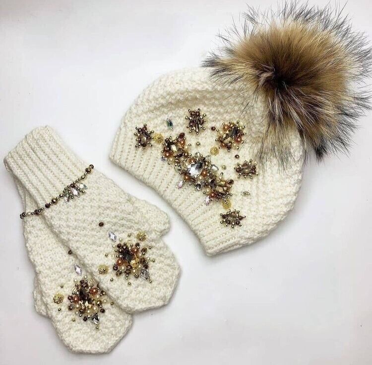 Handmade Warm Beaded Wool Hat Scarf Triple Set With Gloves Beaded Winter Sets image 9