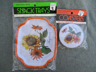 VINTAGE JAPAN 1960s-70s WOOLWORTH 5&10 TIN SUNFLOWER SNACK TRAY COASTERS SEALED