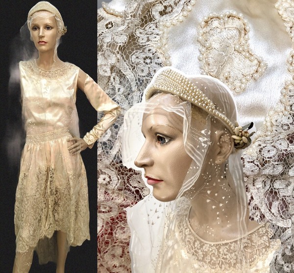 Antique 1920s SILK PEARL BEADED Chantilly Lace WEDDING GOWN, WAX FLOWER CROWN+