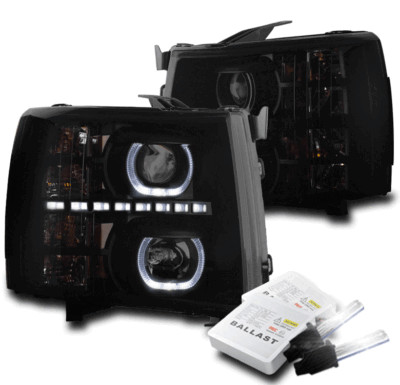 FOR 07-13 CHEVY SILVERADO U-HALO LED BLACK/SMOKE PROJECTOR HEADLIGHT W/6000K HID