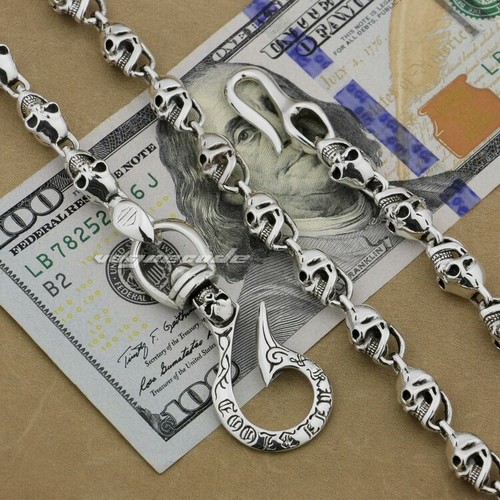 925 Sterling Silver Skulls Hook KeyChain Mens Biker Punk Wallet Chain 8W004WCA - Picture 10 of 22