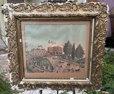 Shabby Chic Litho Print of the Claremont c.1855 in Distressed Antique Gold Frame