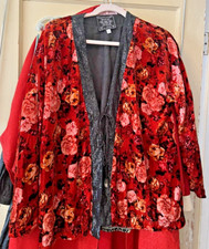 Johnny Was Billie Short Silk-Blend Floral Red Velvet Kimono, Size Small