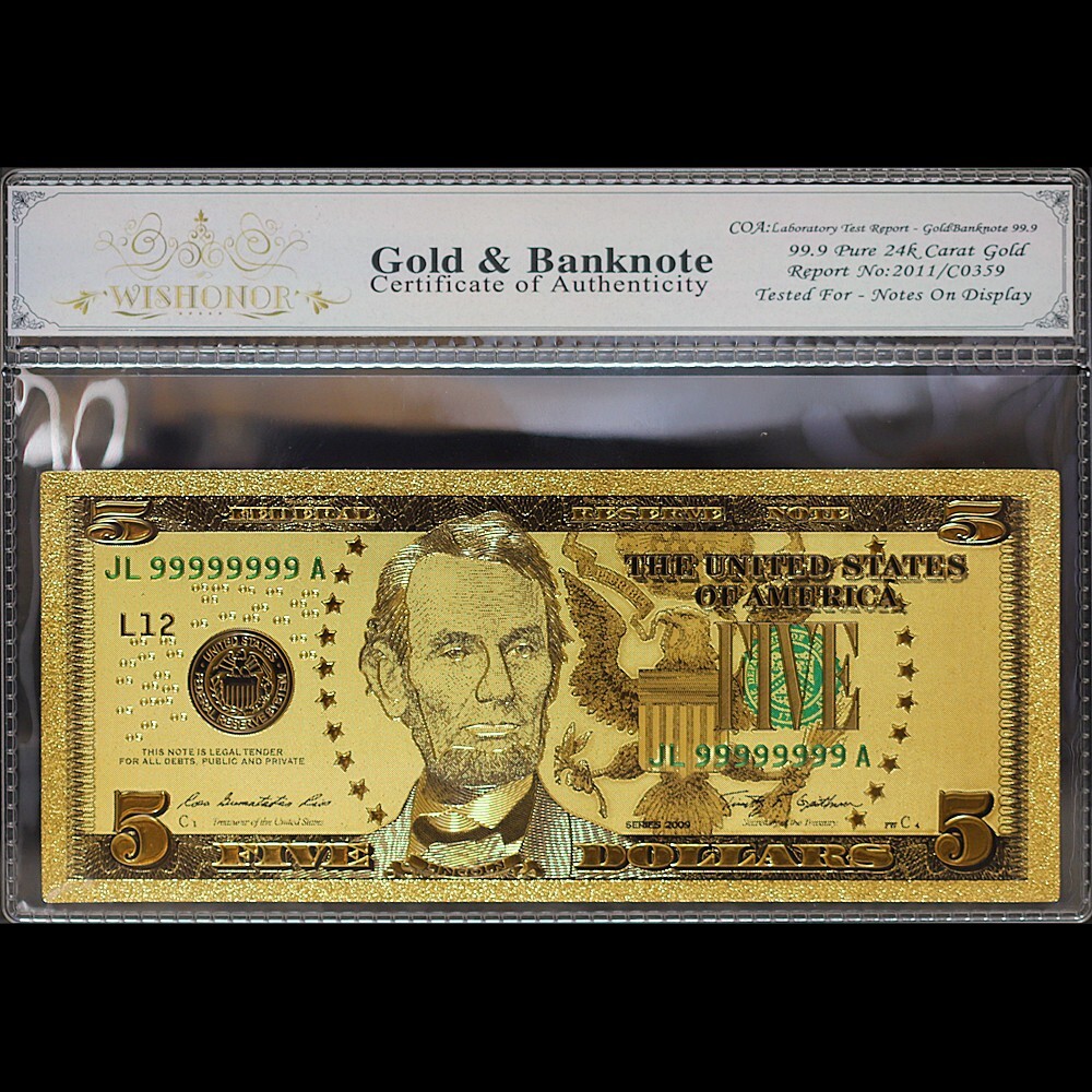 Gold 2009 $5 Five Dollars Banknote Collectible with Bag & Certificate