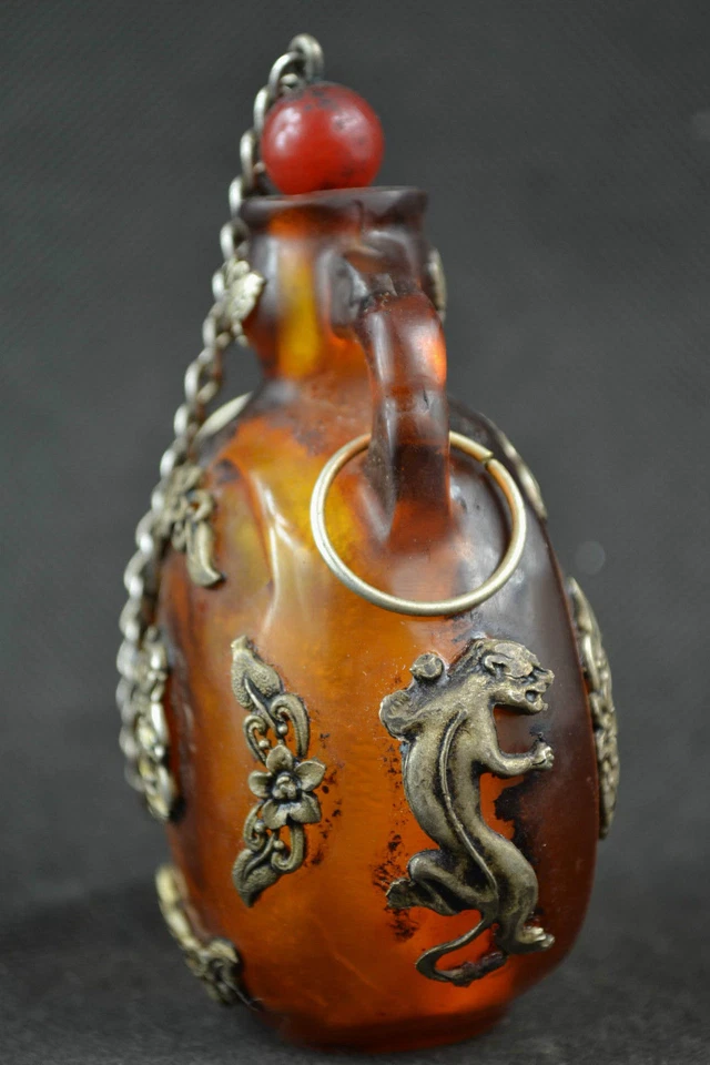 Китай старый Тибет серебро янтарь резной бабочка Будда статуи табак бутылка - Изображение 3 из 4