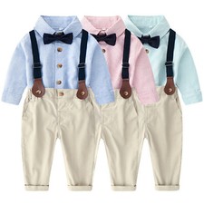 Kids Baby Boys Gentleman Outfits Formal Wedding Bowtie Striped Shirts Pants Suit