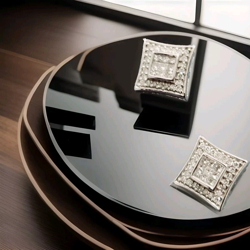 PENDIENTES DIAMANTE FORMA ESMERALDA RODIO SOBRE PLATA DE LEY .37ctw Foto 2 de 4