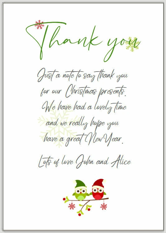 LOCKETMAID 10 Personalised Christmas THANK YOU CARDS, Xmas writing paper note OWL ct06