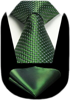 HISDERN Ties for Men Silk Extra Long Tie and Pocket Square Classic Plaid Checker