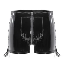 Men's Latex PVC Faux Leather Shiny Boxer Shorts Front Zipper Hot Pants Clubwear