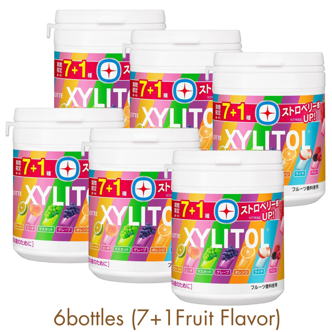 LOTTE XYLITOL Goma 7+1 Sabor Fruta Botella Surtida Goma【6 Botellas×133g】de Japón