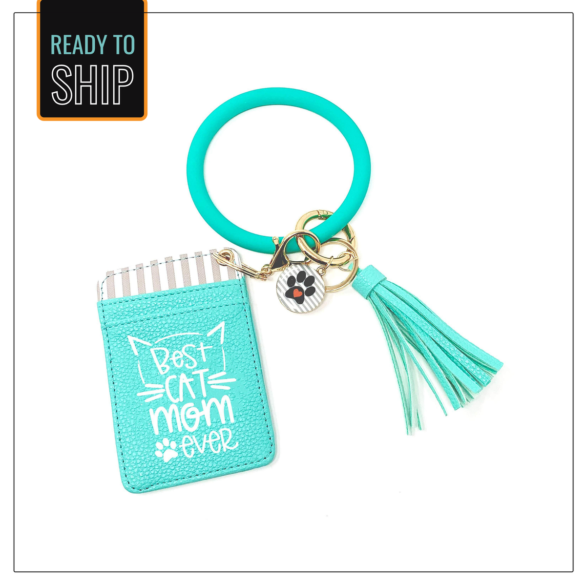 Best Cat Mom Ever Teal Silicone Bracelet Keychain Wallet-Best Gift
