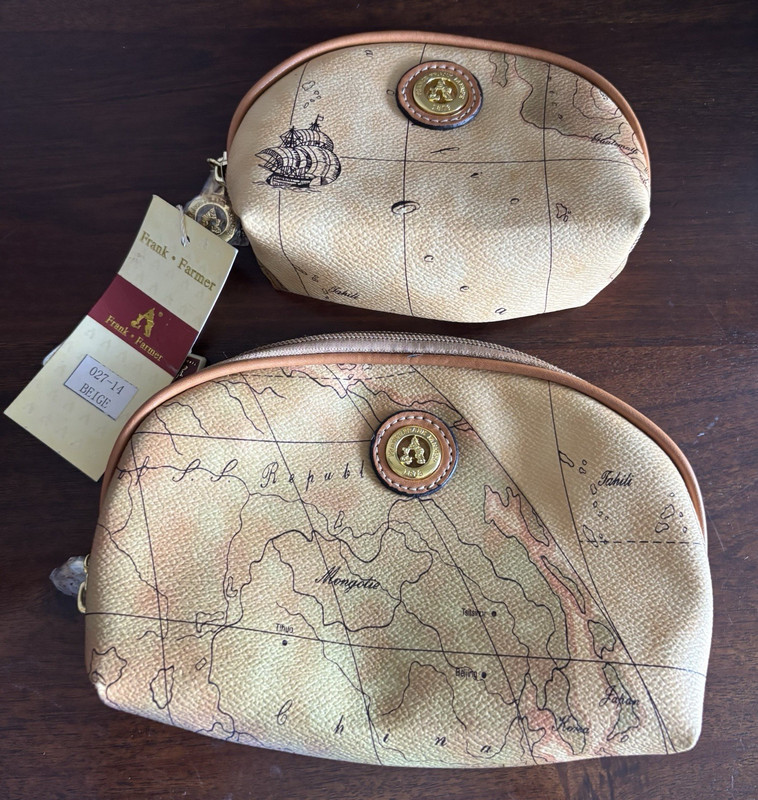 Frank Farmer Beige Map Print Faux Leather Zipper Makeup Bag Set of 2