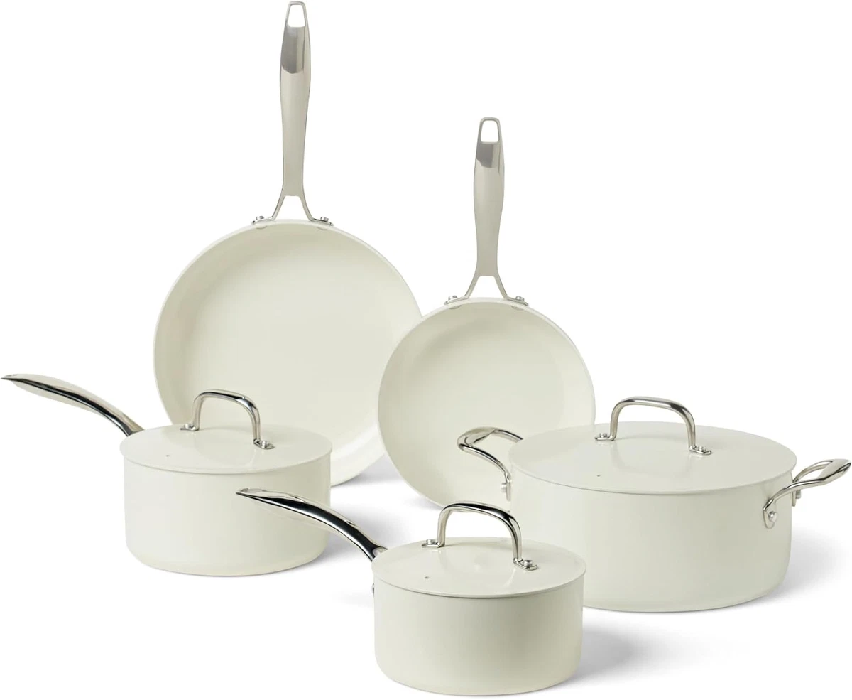 Set Pentole E Padelle Antiaderenti In Ceramica Rosa Cipria - 5 Pezzi Con Rivestimento Grigio Scintillante, Compatibili A Induzione