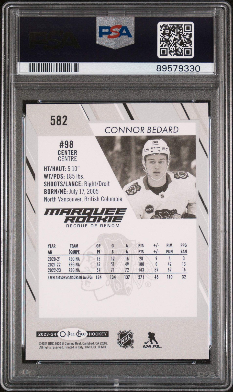 Graded 2023 Upper Deck O-pee-Chee Connor Bedard #582 Rookie Hockey Card PSA 10 view 2