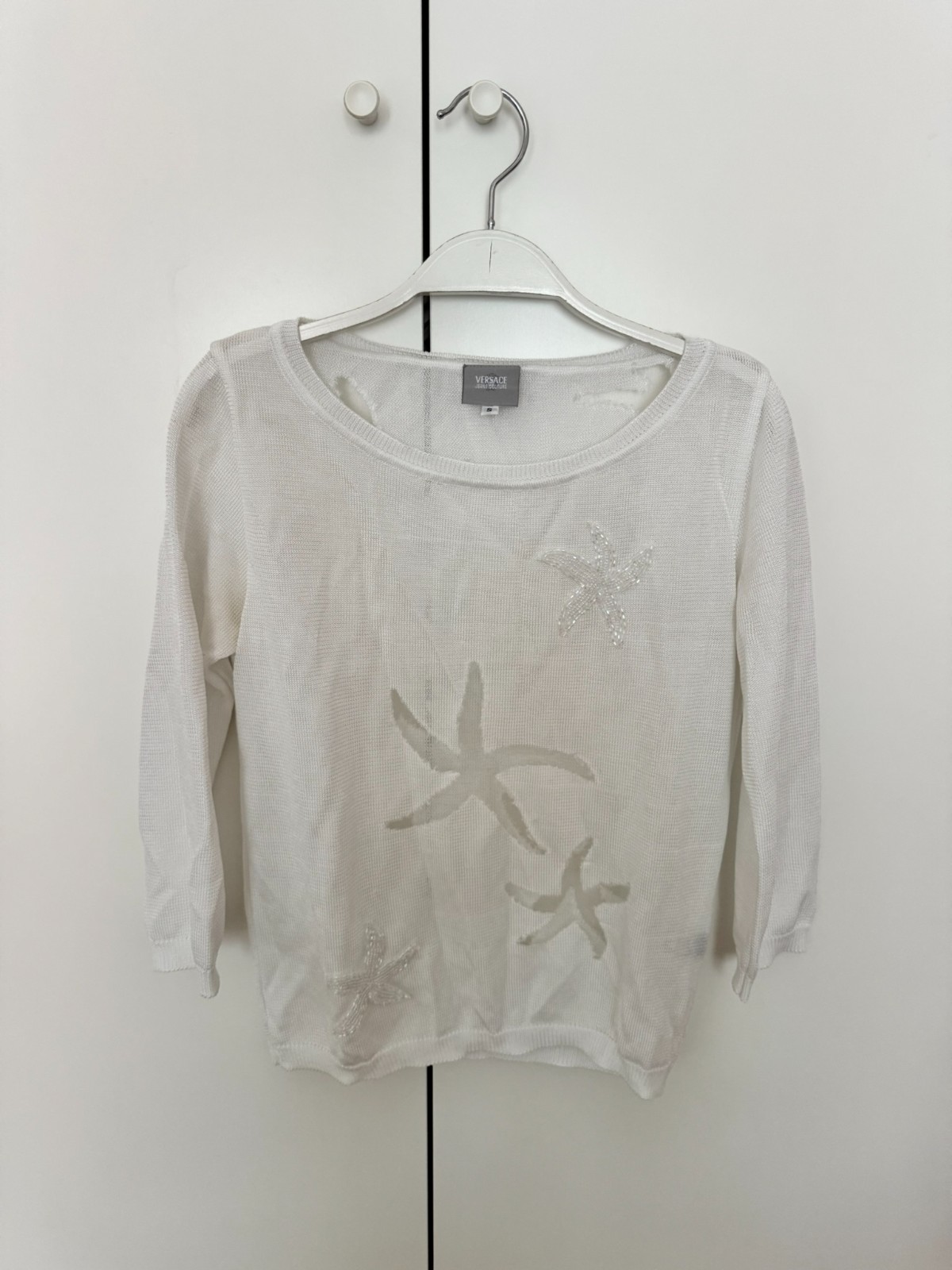 Maglione leggero Versace Donna S Bianco Trasparenze Perline Pre Owned