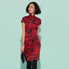 Shanghai Tang Rose Floral Qipao Silk Cheongsam Dress Size 2 Mandarin Chinese