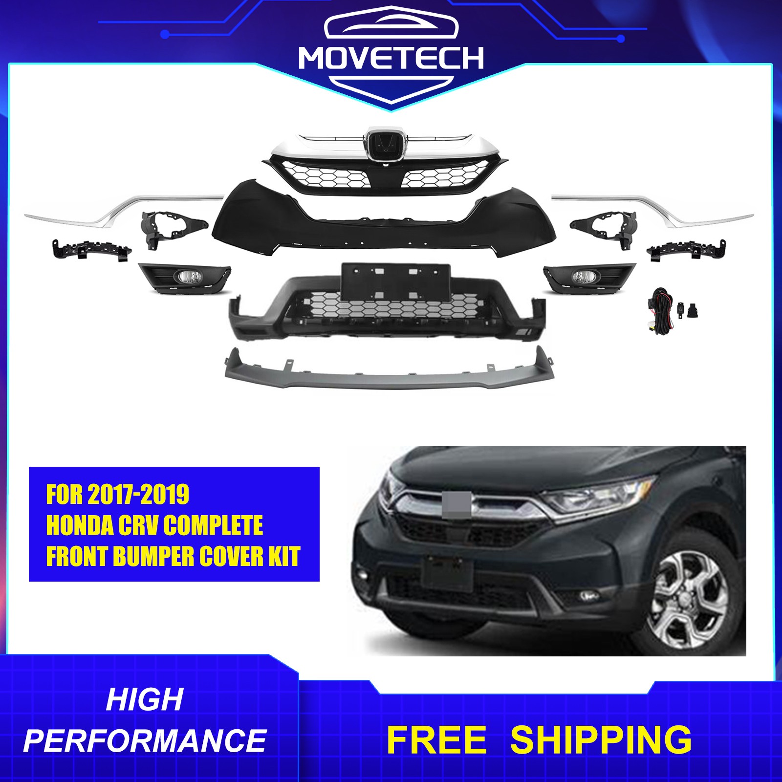 For 2017 2018 2019 Honda CRV Front Bumper Grille Complete Kit with Fog Lights