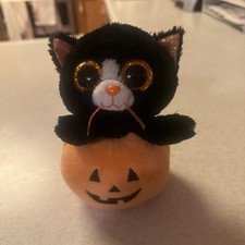 Ty Beanie Boo EDGAR Halloween Black Cat in Pumpkin Jack-O-Lantern Plush 6