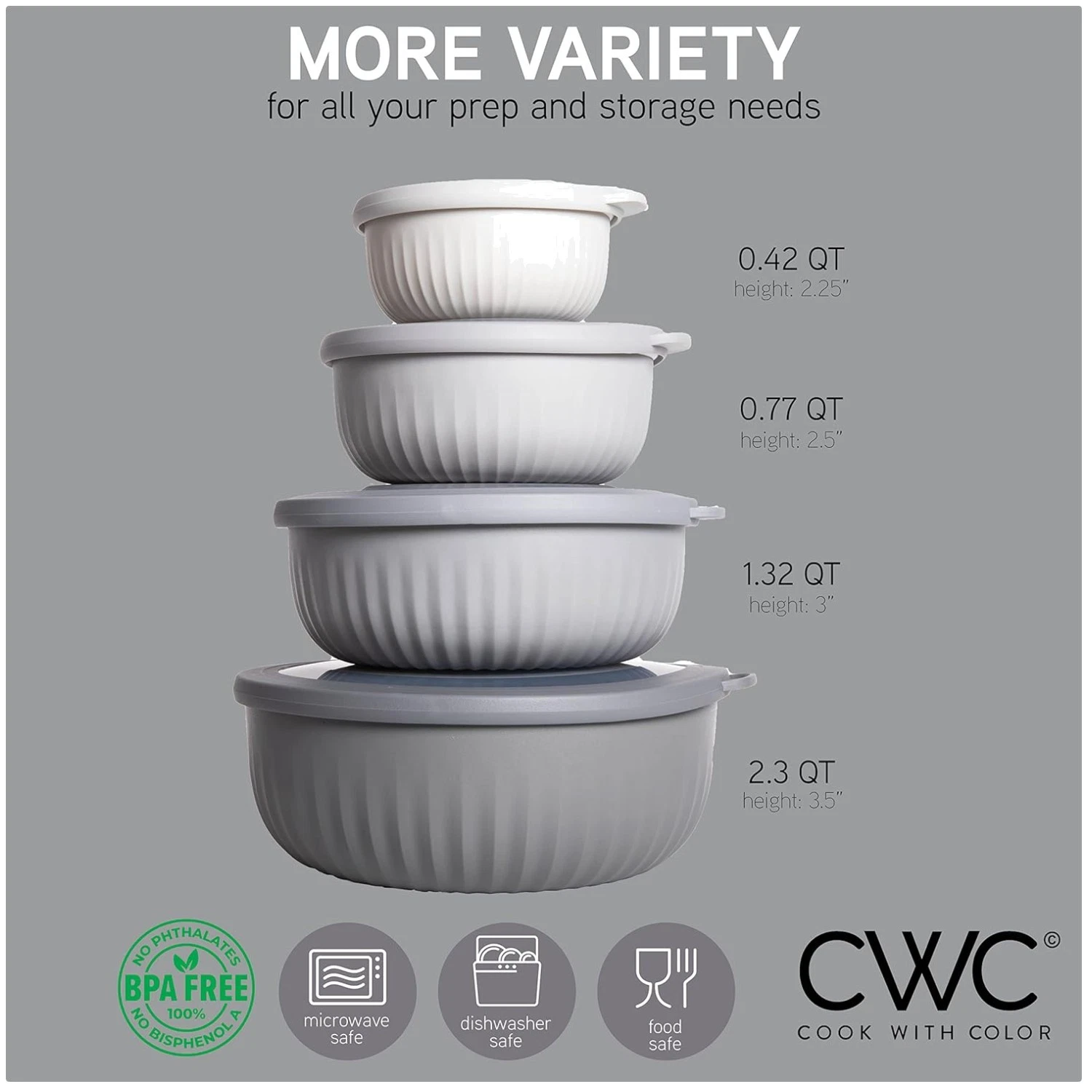 Wide & Deep Nesting Bowls with Lids, 8pc Gray