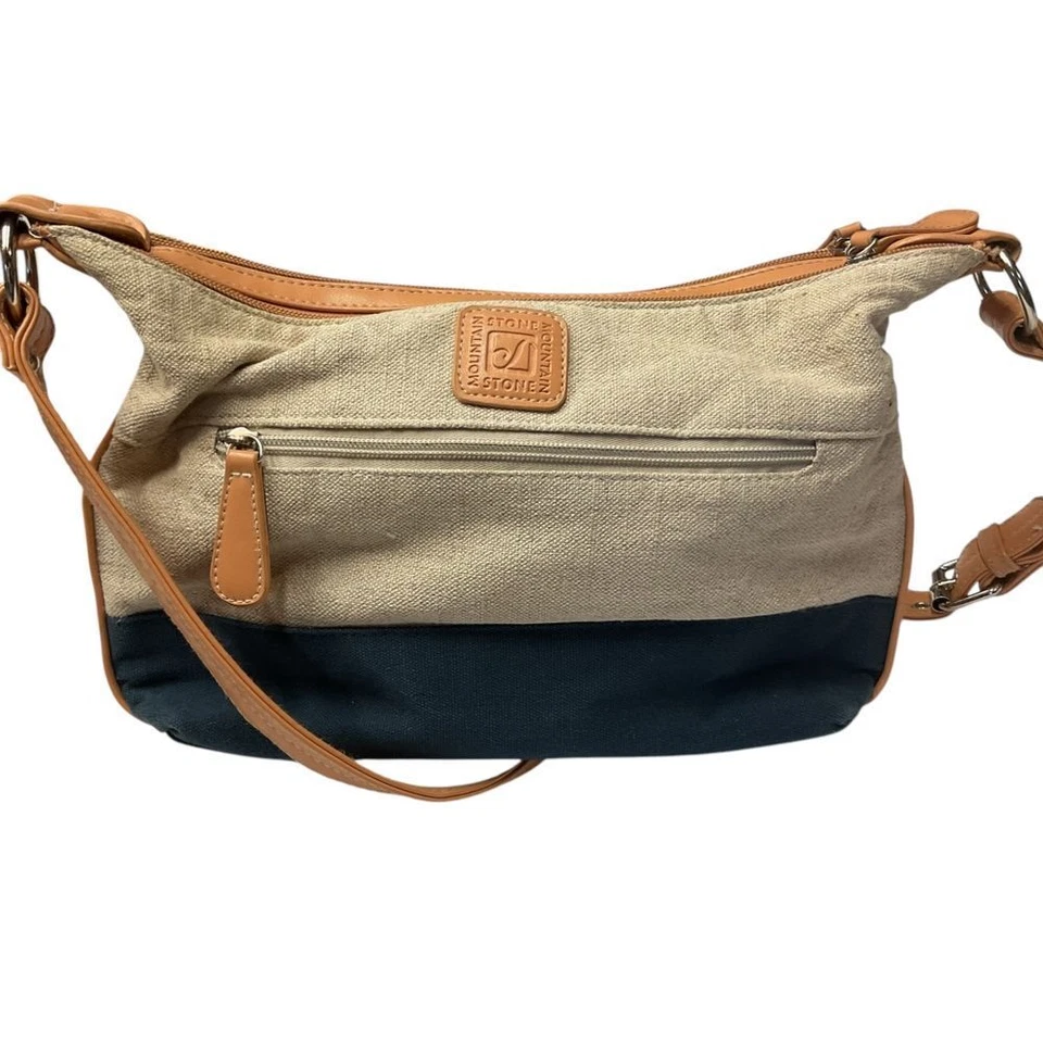 Stone Mountain EE. UU. Lona Espectador 2 Cremallera Hobo con Borde de Cuero Azul Tostado Cartera Foto 3 de 4