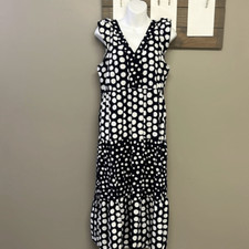 LOFT Navy Polka Dot V-Neck Ruffled Sleeveless Flowy Midi Dress- Med