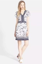 Tory Burch Size XS Silk Interlock Print Dress V-Neck Blue Ivory SHEATH DRESS