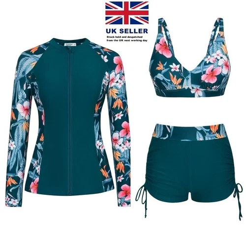 JASAMBAC Women's 3 Piece Rash Guard Swimsuit Boy Shorts Bathing Suit L UK 16-18