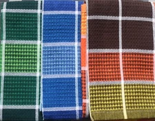 3 Colors of Plaid Waffle Weave Cotton Kitchen Dish Towels   26" x 17"