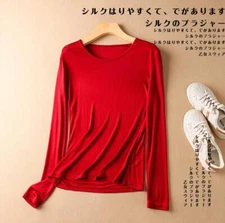 Womens Mulberry Silk Blend Shirt Knitted Round Neck Undershirt Long Sleeve Tops