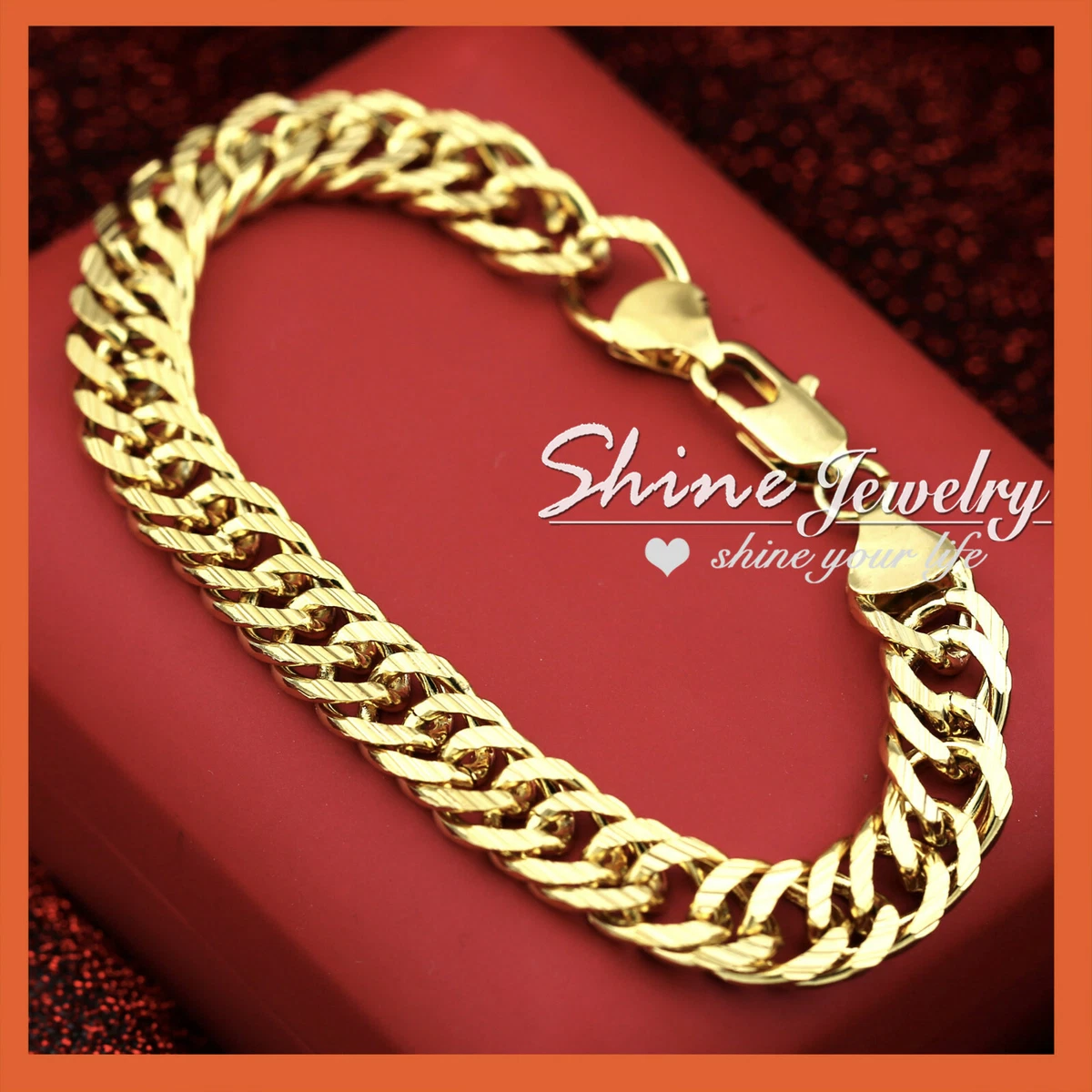 24K GOLD FILLED CUBAN DOUBLE CURB RINGS CHAIN MENS SOLID ITALIAN BRACELET BANGLE