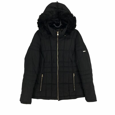 CALVIN KLEIN Schwarze Kunstpelz Kapuzen Steppjacke Mantel Größe S