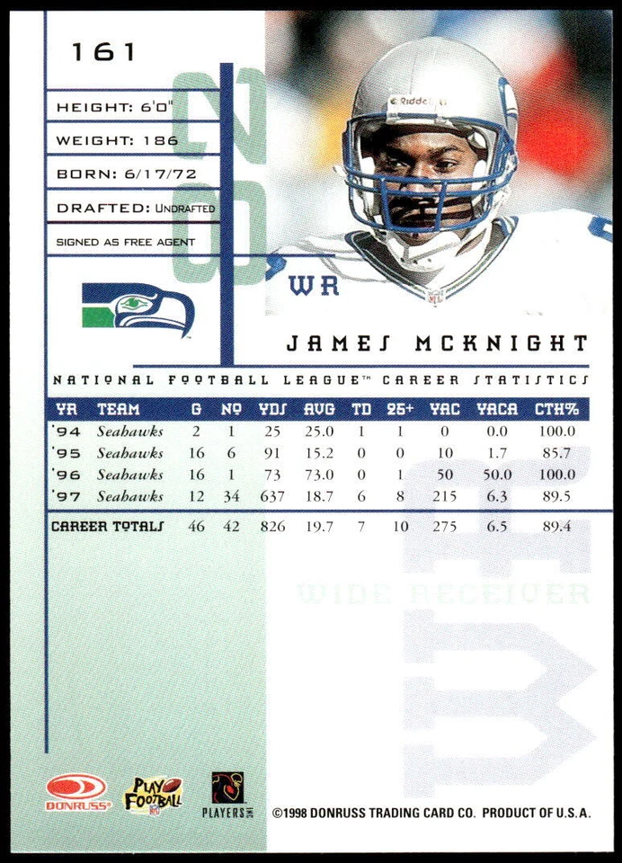 1998 Leaf Rookies & Stars #161 James McKnight - Image 2 of 2