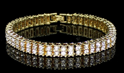 Mens Womens 2 Row Cz Tennis Bracelet 14k Gold Plated Fashion Jewelry 8 inch