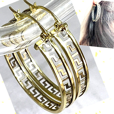 GOLd Greek versace design hoop  earring round 10k solid  35mm 1.40''