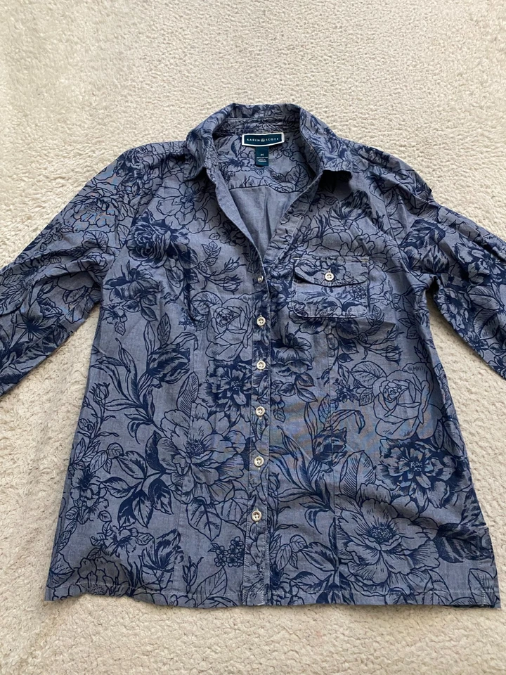 Karen Scott Women Floral 3/4 Roll Tab Sleeve Button-Up Shirt Blue Size M - Image 2 of 4