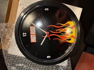 Hot Rod Magazine Clock Black with Orange Flames Wall Mounted Battery Powered NIB