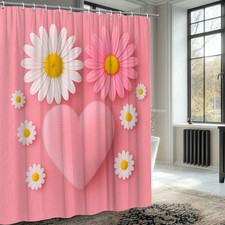 Cute Pink Floral Shower Curtain with Heart Design for Kids Bathroom