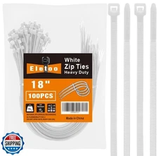 Eletoo 100 PCS 18 inch White Zip Ties Heavy Duty, 75LBS Tensile Strength, Sel