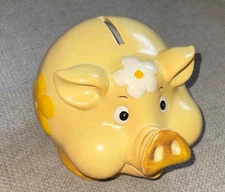Vintage Ceramic Piggy Bank White Yellow Flowers Retro Daisy NO CHIPS or CRACKS