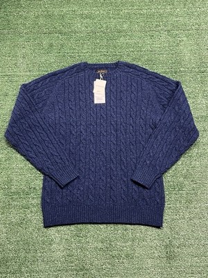 Beams Plus Japan Men's Large Cable Knit Wool Sweater Navy Long Sleeve Crewneck