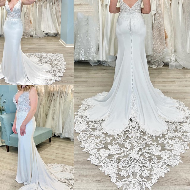 Beach Satin Mermaid Wedding Dresses Lace Applique V Neck Court Train Bridal Gown Beach Satin Mermaid Wedding Dresses Lace Applique V Neck Court Train Bridal Gown