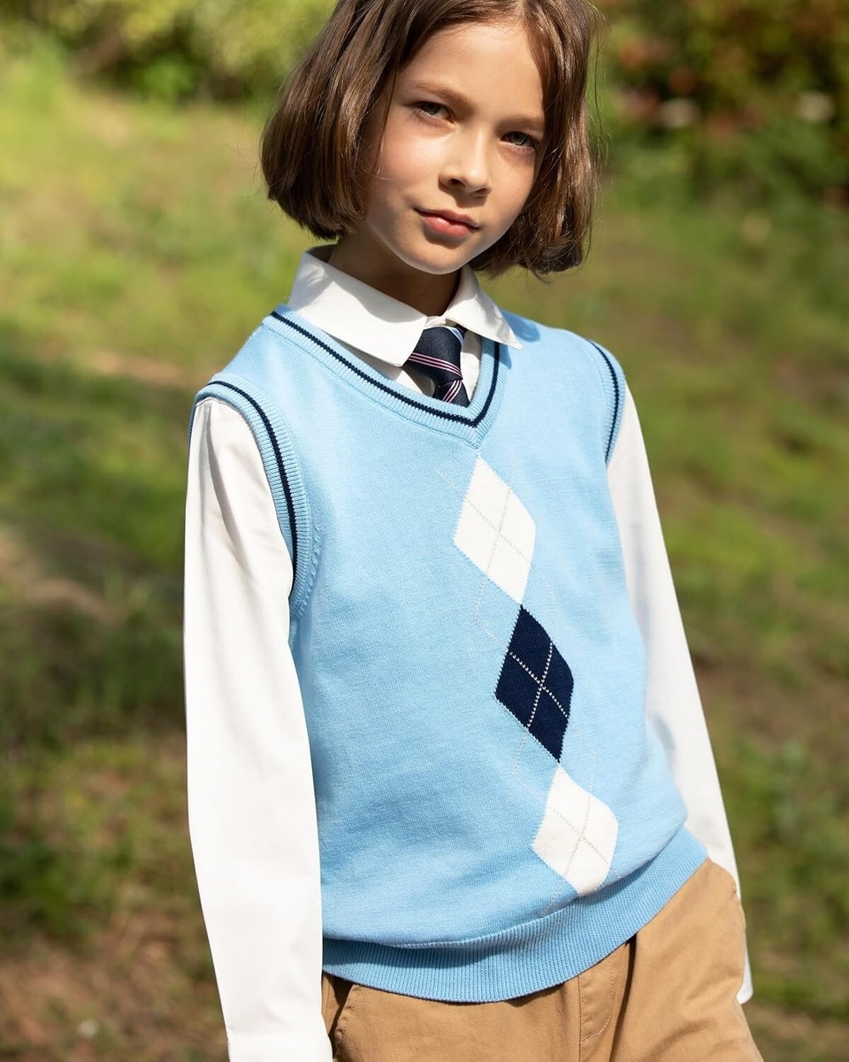 BOBOYOYO Boys Knit Vest 100% Cotton Kids V Neck Sweater, SIZE: 5-6