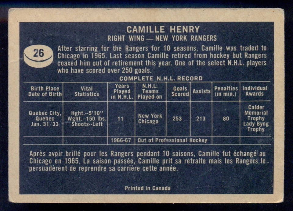 1967-68 TOPPS HOCKEY NHL #26 CAMILLE HENRY VG NEW YORK N Y RANGERS Card - Image 2 of 2