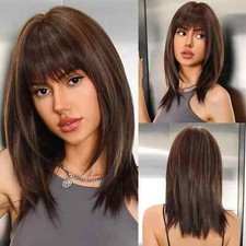 Womens Dark Brown Medium Long Straight Wig with Bangs Layered Hair Wigs UK