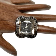 Vintage Ring Watch Rhinestones Faceted Crystal Adjustable Stretch Band Untested