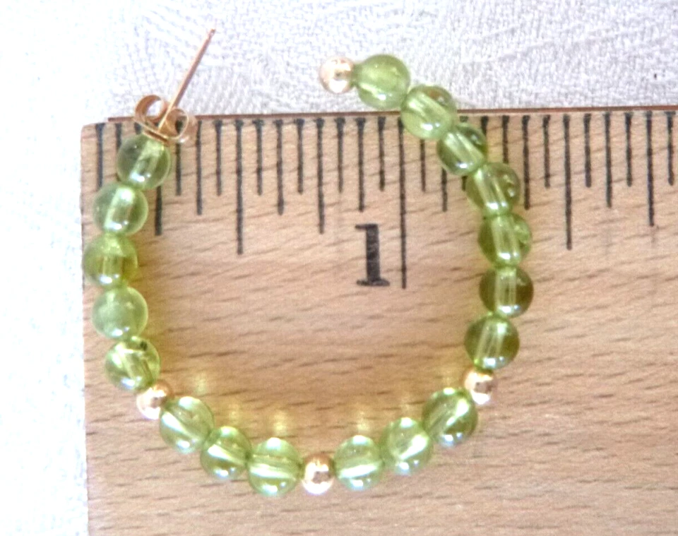 14k Yellow Gold Genuine Peridot Beaded Circle 1.25" Hoop Earrings Pierced - Image 3 of 4