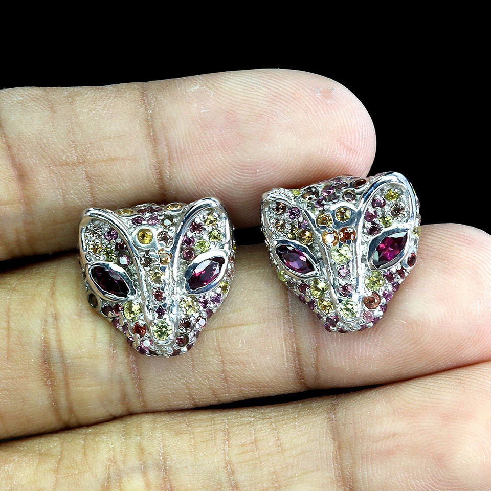 Orecchini In Argento Sterling 925 Con Gemma Naturale Di Rodolite E Zaffiro - Immagine 2 di 4