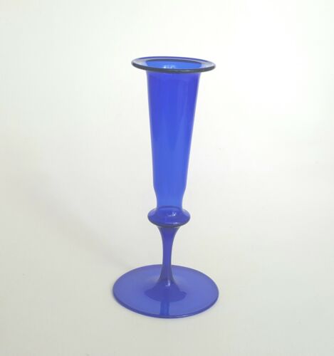 Vaso in vetro Lauscha portacandele 17 cm blu portacandele anni 60 fatto a mano DDR - Foto 1 di 4